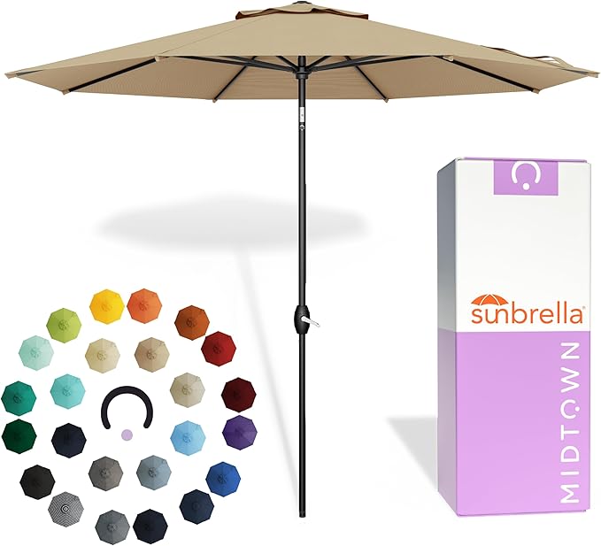 Midtown Umbrellas - The Lean 8 Ft Patio Umbrella with Fade-Resistant Sunbrella Fabric, Auto-Tilt Aluminum Frame and 8 Reinforced Ribs for Deck, Pool & Garden - Heather Tan Canopy, Black Pole