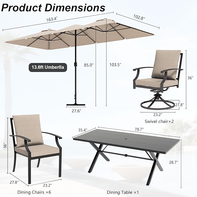 10 Pieces Patio Dining Set with Brown Umbrella,Outdoor Furniture Set Includes Hole Cut-Out Table and 6 Metal Backrest Chairs and 2 Swivel Chairs for Backyard,Garden,Poolside,Brown