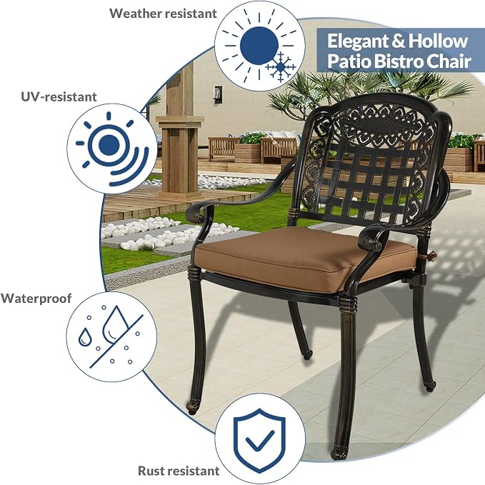 5-Piece Outdoor Patio Dining Set, All-Weather Cast Aluminum Furniture Conversation Set, Include 4 Cushioned Chairs and a 38.5” Round Table with Umbrella Hole for Balcony, Lawn, Khaki