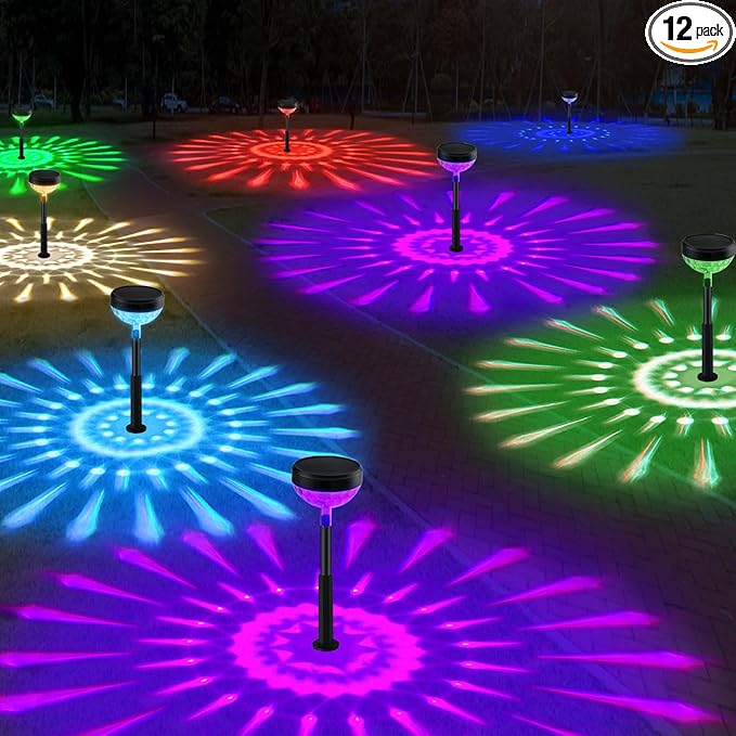 JNOEC 12Pack Solar Pathway Lights Outdoor, Color Changing+8 Fixed Color (Warm White, Cool White, Colored) Solar Lights Outdoor, Bright Solar Powered Garden Light
