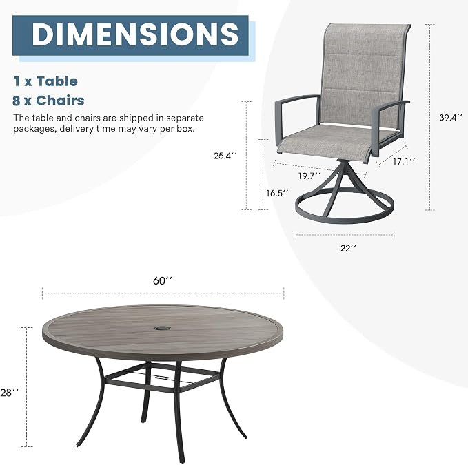 DIFY 9 Piece Outdoor Patio Dining Set for 8, 60" Grey Wood-Like Round Metal Dining Table and Swivel Patio Chairs with Grey Padded Textilene, All-Weather Outdoor Furniture Set for Garden Backyard