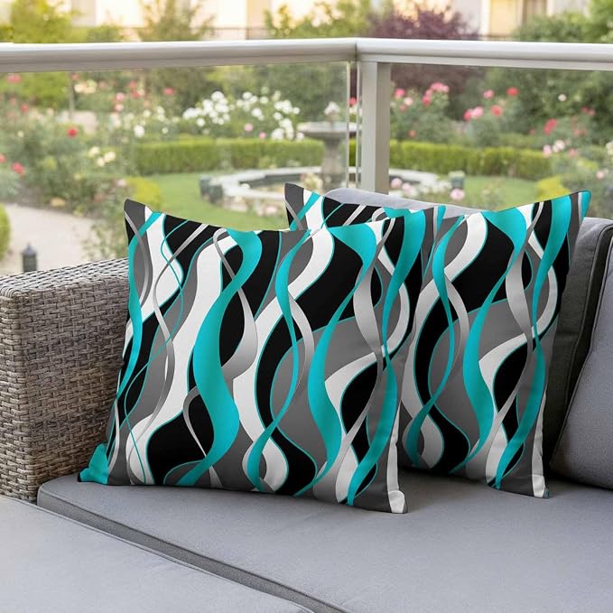 Outdoor Pillow Covers Set of 2, Distortion Blue Stripes Decorative Throw Pillow Covers 16X16IN, Abstract Geometric Art Throw Pillows Protector Cushion Case for Patio,Couch,Sofa,Garden