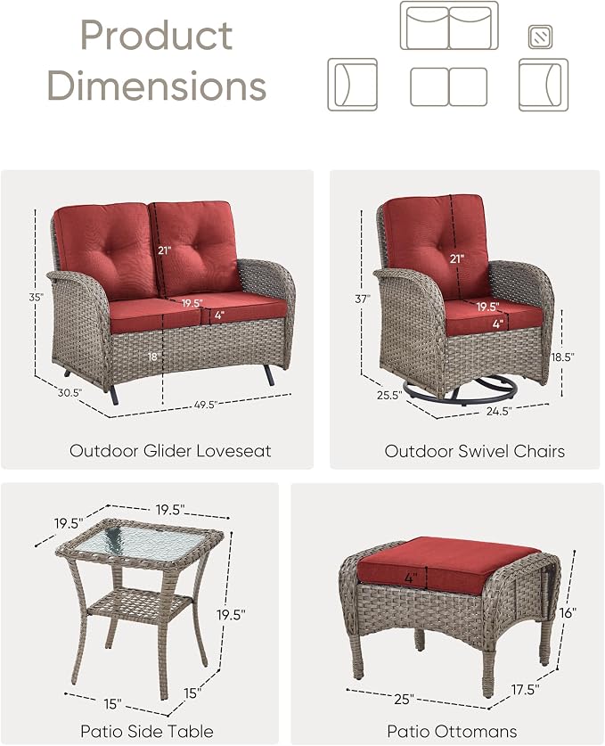 6 Pieces Patio Wicker Furniture Set-Outdoor Swivel Chairs Set of 2 Outdoor Glider Love seat with Outdoor Footstool Patio Furniture for Deck Porch Garden Balcony Poolside-Grey/Red