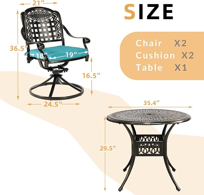 3-Piece Outdoor Patio Dining Set, All-Weather Cast Aluminum Patio Furniture Set for Backyard Garden Deck with 2 Swivel Cushioned Chairs and 35.4” Round Table, 2" Umbrella Hole, Ocean Blue