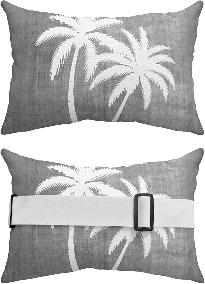 Black Grey Palm Trees Outdoor Pillows for Chaise Lounge Chair Waterproof Lumbar Pillows with Insert&Strap Beach Headrest Pillow Summer Coastal Tropical Botanical Recliner Pool Pillow 11"x16"
