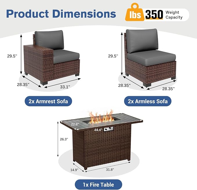 Patio Furniture Set with Fire Pit Table 5 Piece, Outdoor Conversation Sets Brown Wicker Rattan Sectional Sofa for Deck Garden Backyard, 4'' Thickened Cushion Dark Grey