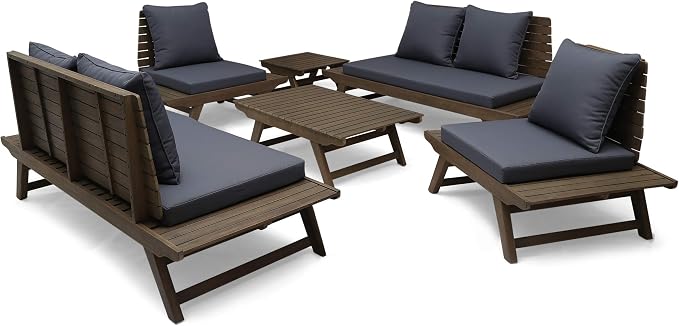 Christopher Knight Home Outdoor Acacia Wood 6 Seater Chat Set with Side Table and Coffee Table, Gray and Dark Gray