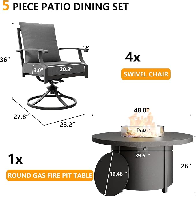 Kullavik 5 Piece Metal Outdoor Patio Furniture Set with Fire Pit Table,Outdoor Dining Table Set with 4 Swivel Chairs and 55000 BTU Outdoor Round Fire Pit,Grey
