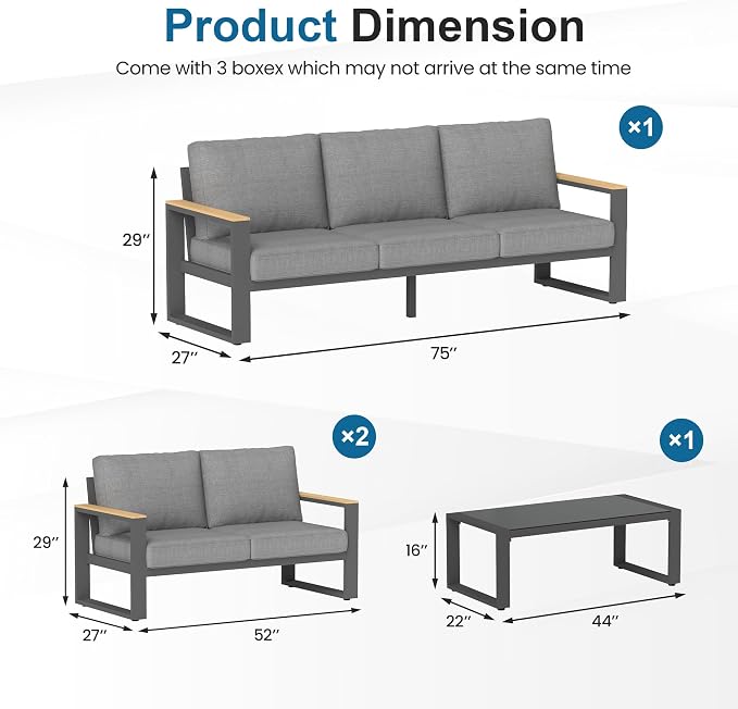 Aluminum Outdoor Patio Furniture Set with Height-adjustable Footrest for Lawn Porches Patio, 7-Seats All-weather Patio Sofa Sets with Coffee Table, Modern Outdoor Patio Conversation set, Grey