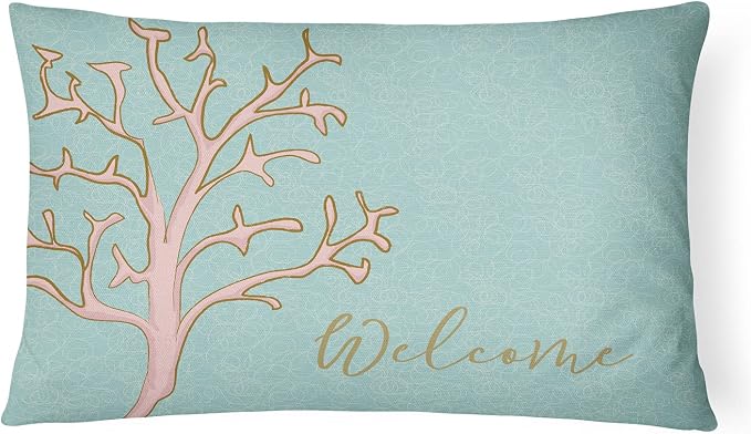 Caroline's Treasures BB8556PW1216 Coral Welcome Canvas Fabric Decorative Pillow Machine Washable, Indoor Outdoor Decorative Pillow for Couch, Bed or Patio, 12HX16W