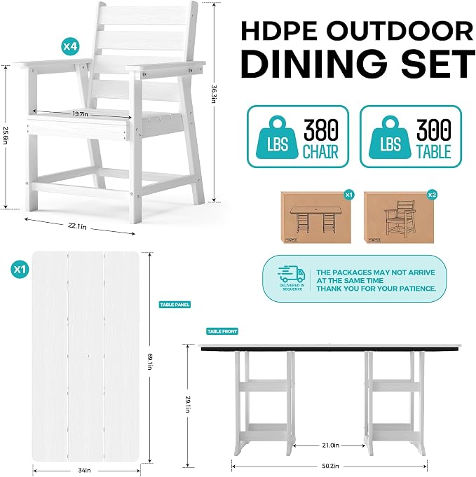 5-Piece Dining Set, HDPE Table & 4 Chairs, White | HDPE Dining Set: 69.1" Table + 4 Chairs, 380 lbs, 304 Stainless, All-Weather, No Rust No Crack, Outdoor Patio Garden