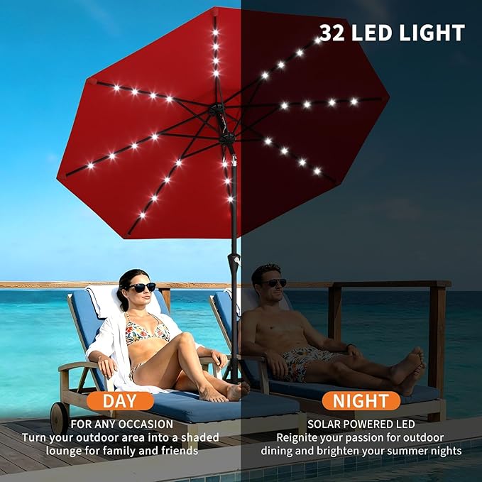 Garvee 10FT Solar Patio Umbrella with 32 LED Lights - Outdoor Table Umbrella with Crank Lift, Push Button Tilt and 8 Sturdy Ribs - Market Umbrella UV Protection for Pool, Deck, Yard, Garden -Red