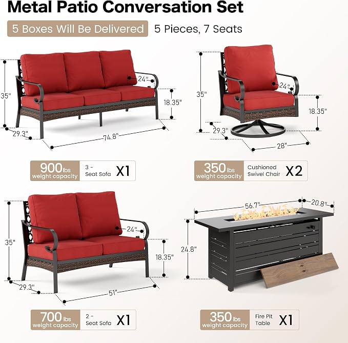 SUNSHINE VALLEY 5 Piece Metal Outdoor Patio Furniture Sets with Firepit Table, Patio Conversation Sets 1 3-Seater Sofa, 1 Loveseat, 2 Swivel Chair with 5.75" Cushion for Backyard Deck, Rust Red