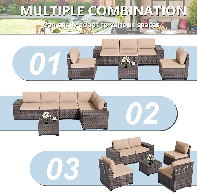 ALAULM 6 Pieces Patio Furniture Set, Oversized Seat/Armrest and High Back Wicker Sectional Furniture Set with Thick Cushion for Backyard, Garden, Sand