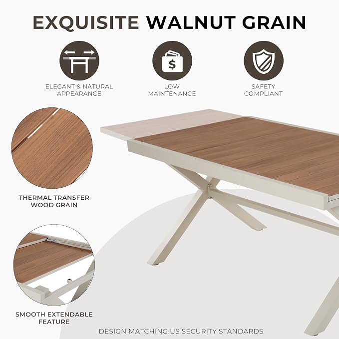 Grand patio 9-Piece Outdoor Dining Set, 8 Extra-Wide Folding Chairs & 1 Rectangle Expandable Table for 6-8 Person, Sling Mesh Patio Chairs with Wood Grain Table for Yard, Poolside, Deck, Apricot