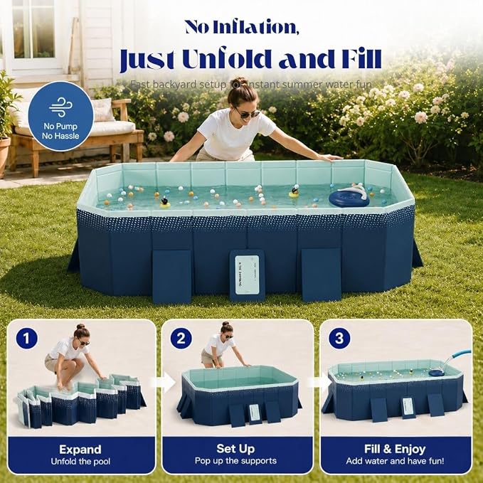 Large Foldable Pool, Non Inflatable Pool with 4-Layer Composite PVC, Sturdy Triangular Support Boards, Double Drains, Foldable Outdoor Pool for Backyard Kids & Adults, 5 Sizes