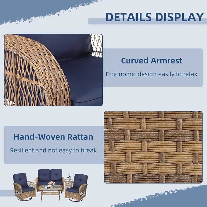 5-Piece Wicker Patio Furniture Sets Outdoor All-Weather Rattan Conversation Set Includes Glider Loveseat, 2 Glass-Top Coffee Tables, 2 Swivel Rocking Chairs for Porch Backyard, Navy Blue