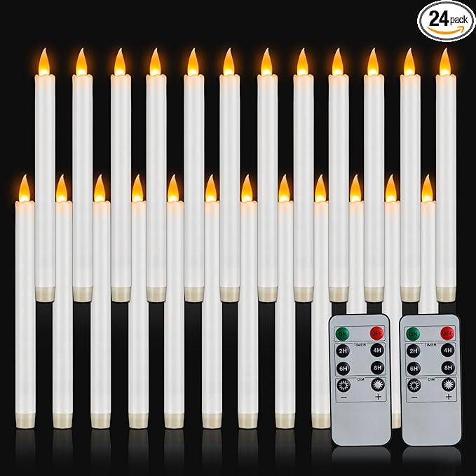wemarry Flameless Taper Candles 10" Dripless Battery Operated Taper Candles Included Remote Timer 400+ Hours by 2AA Batteries for Halloween Christmas Wedding (White, 24 Pack)