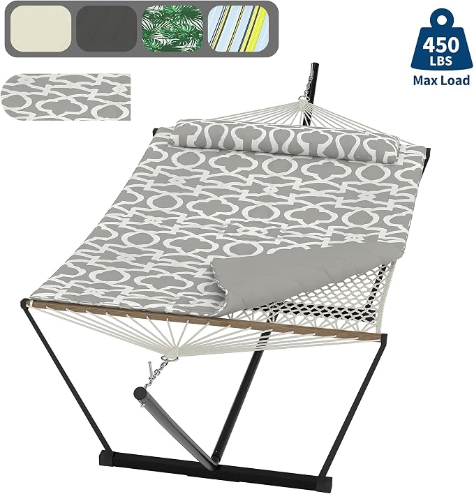 Garvee Double Hammock with Stand for Outdoor, Portable Hammock with Soft Pillow, Balance Ropes, for Patio, Garden, Backyard, Beach