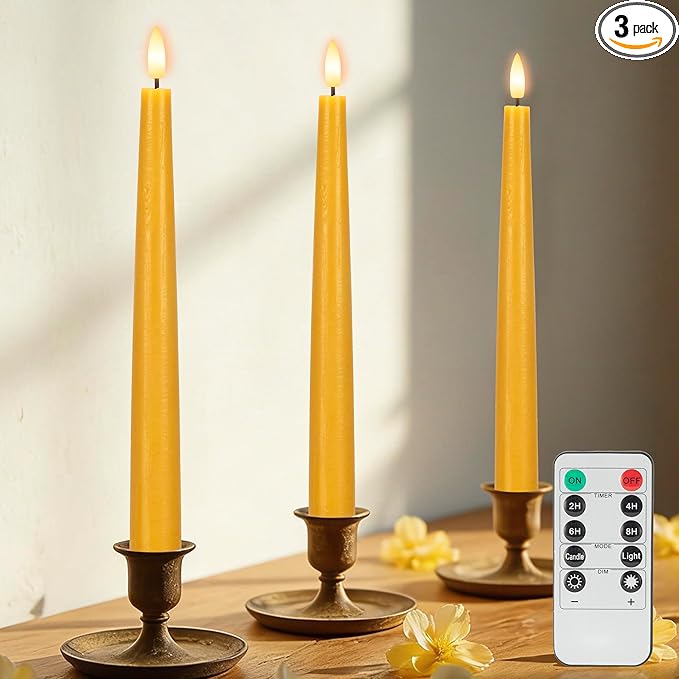 Yellow Flameless Taper Candles with Remote, 9.6 Inches Real Wax Battery Operated Candles, 3 Pack Flickering LED Candlesticks, Tall Taper Fake Candles for Home, Wedding, Party