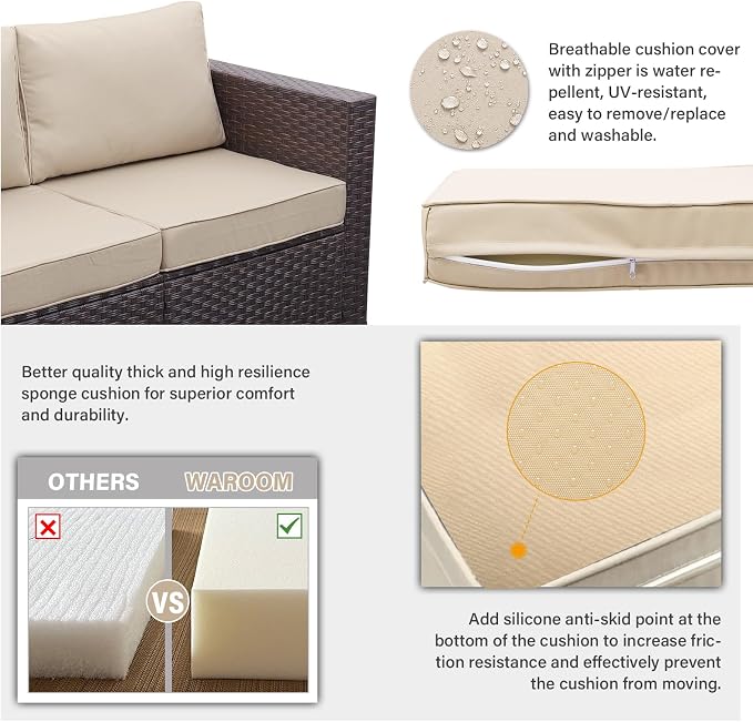 WAROOM Patio Furniture Set 5 Pieces Outdoor Conversation Sets PE Rattan Couch Loveseat Resin Wicker Sectional Sofa with Storage Box Coffee Table and Propane Fire Pit, Khaki Cushion