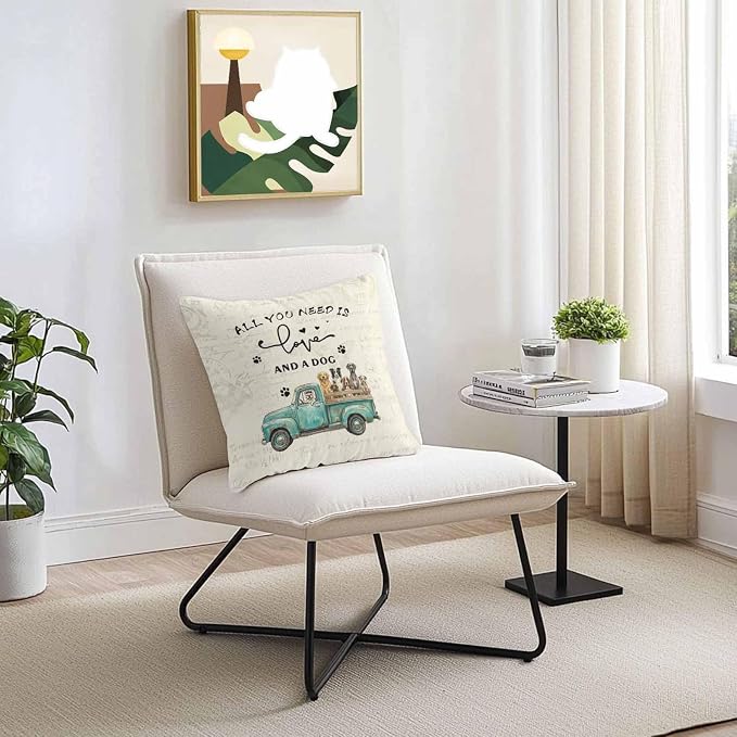 Cartoon Animal Outdoor Pillow Covers Set of 2, Vintage Teal Truck with Pet Dog Puppy Decorative Waterproof Throw Pillowcase Retro Beige Cotton Linen Soft Cozy Cushion Cover Pillowsham 20x20In