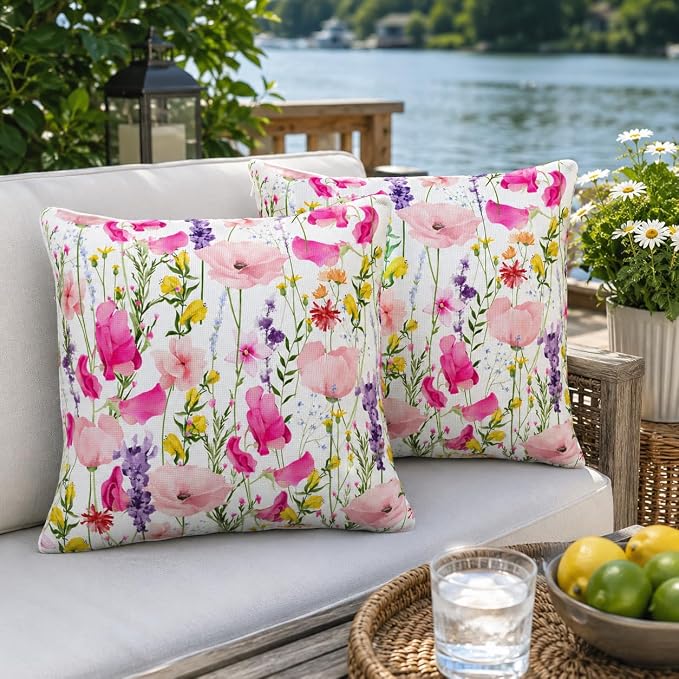 Waterproof Floral Throw Pillow Covers 20x20 inch Set of 2, Outdoor Flower Pillow Cases Colorful Decorative Cushion Covers for Spring Summer Patio Furniture Decor