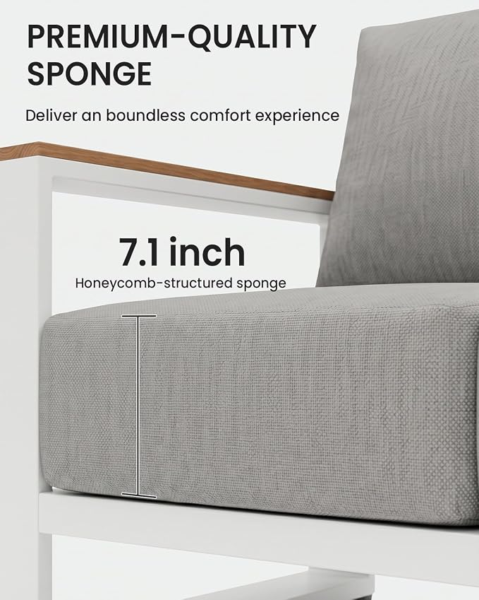 Oversized Aluminum Patio Furniture, 1 Piece Luxury Outdoor Furniture with 7.1" Extra Thick Cushion, Modern Outdoor Sectional 3-Seat Sofa for Porch, Garden and Deck, Gray