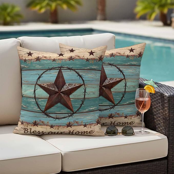 Texas Star Country Outdoor Pillow Covers 18x18 Inch Throw Pillow Covers Set of 2 Waterproof Decorative Pillow Cases Western Old Wooden Board Vintage Cushion Covers for Patio Furniture Garden Couch