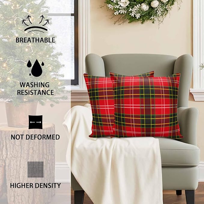 YOKOU Outdoor Waterproof Throw Pillow Covers, Merry Christmas Red and Green Gingham Tartan Plaid Vintage Farmhouse Decor Pillowcases Cushion Covers Cases for Patio Couch Bench, Pack of 2, 20X12 Inch