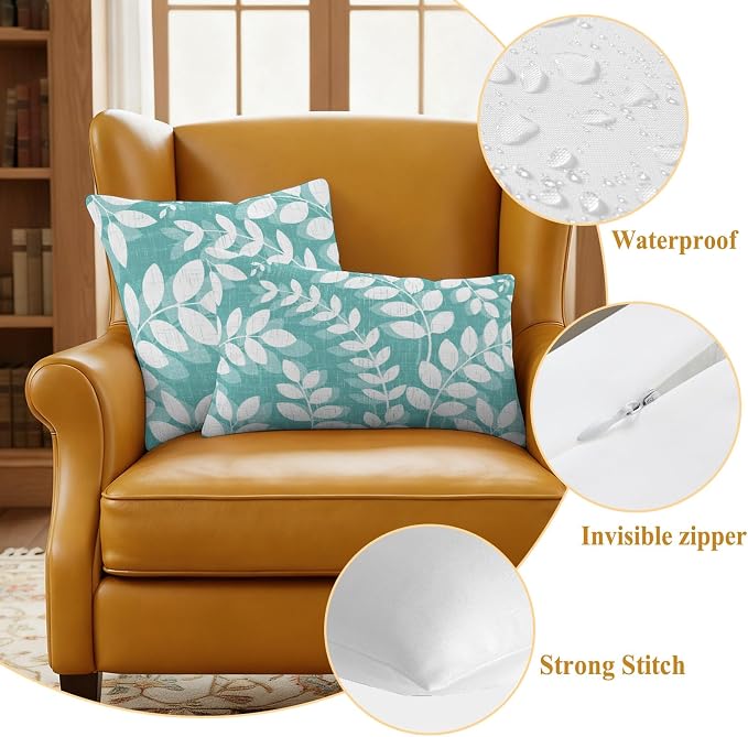 Teal Green Leaves Outdoor Waterproof Throw Pillow Covers 20x20 Set of 2, Farmhouse Botanical Branch Vintage Boho Leaf Decorative Pillowcases Cushion Pillowcase for Couch Sofa Patio Pillow Protector