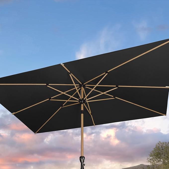 PURPLE LEAF 6.5' x 10' Market Umbrella Patio Umbrella Rectangular Outdoor Table Umbrella Aluminum with Push Button Tilt & 8 Sturdy Ribs and Crank for Pool Backyard Beach, Black