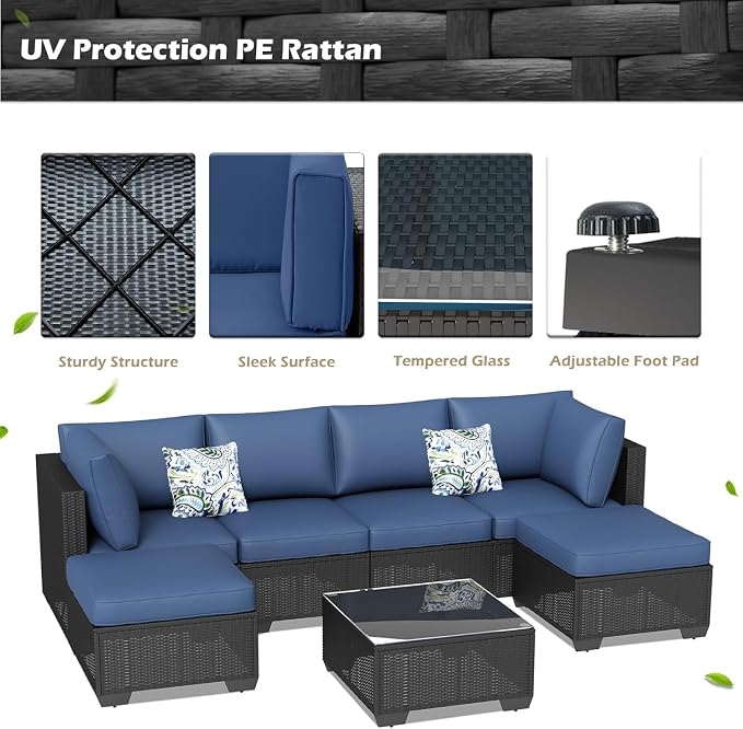 7 Piece Outdoor Patio Furniture Set with Cushions, PE Rattan Wicker Sectional Furniture Chair Set with Tea Table, Modular Patio Sofa for Garden, Backyard, Balcony Outdoor Lounge Area(Gray2)