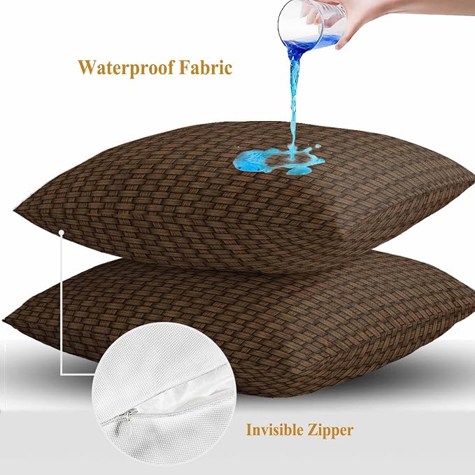 Outdoor Waterproof Throw Pillow Covers Set of 2 Brown Rattan Pillowcases 20x20 Inches Retro Striped Lines Decorative Pillows Cushion Case Patio Pillows for Couch Bed Chair Garden
