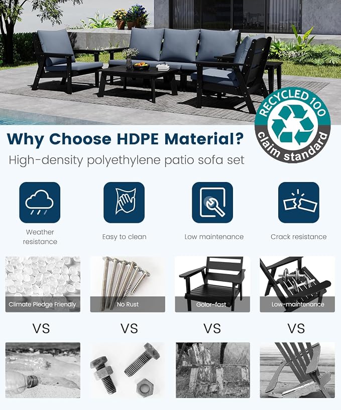 FOOWIN 7-Piece Patio Furniture Set, HDPE All-Weather Outdoor Conversation Set with Thick Cushions, Sectional Patio Sofa Furniture for Deck, Porch, Lawn, Garden, Black Frame & Grey Cushion