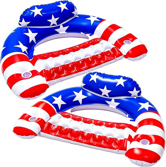 4th of July Inflatable Pool Float Chair with Cup Holder & Backrest - 2 Pack American Flag Pool Lounge Chairs for Summer, Pool, Lake & Beach, Reusable Floating Seat Pad for Adults