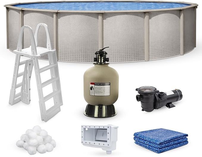 Lake Effect Pools 'Impressions' 24 ft Round Above Ground Swimming Pool Bundle | 48 Inch Height | Steel Sided Walls | Kit Includes: 25 Gauge Liner, A-Frame Ladder, Sand Filter/Pump, & Skimmer