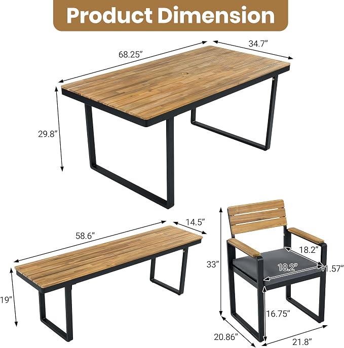 RuiSiSi 6-Piece Outdoor Dining Table Set, Acacia Wood Patio Dining Table Set with 1 Table, 4 Chairs, 1 Bench, Comfortable Cushions and Adjustable Feet for Patio, Garden, Backyard, Grey Cushion
