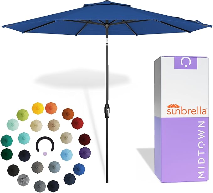 Midtown Umbrellas – The Swilt 8 Ft Patio Umbrella with 360° Swivel & Tilt Mechanism, Sunbrella Fabric & 8 Fiberglass Ribs – Outdoor Umbrella for Deck, Pool & Cafes – Dark Blue Canopy, Black Pole