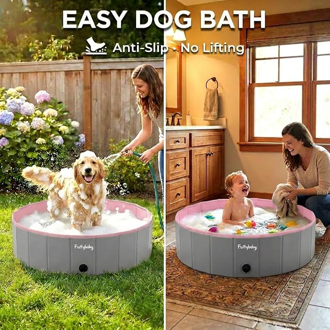 Furrybaby Dog Pool, Kiddie Pool with Hard Plate Collapsible Pet Bath Foldable Swimming Pet Pool Portable Pink 40''