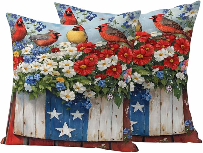 Cardinal Bird Poppy Outdoor Waterproof Throw Pillow Covers Set of 2, 18"x18", 4th of July Patriotic USA Flag Decorative Pillow Covers Outside Cushion Case for Patio Porch Garden