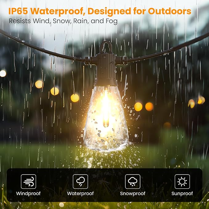 Kawaya Outdoor String Lights for Patio - ST38 Outside IP65 Waterproof Hanging Light with 2700k~6000k Dimmable - 50FT Led Edison Lights for Cafe Bistro Yard Gazebo Porch
