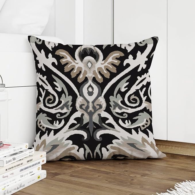 Ikat Black Brown Cushion Cases Euro Sham Charcoal Throw Pillow Cover Abstract Outdoor Garden Decoration for Patio Garden Couch Tent 20x20 in