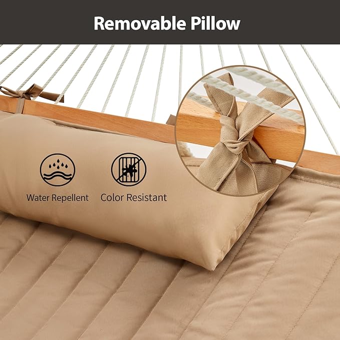 CHULIM Outdoor Double Hammock with Hardwood Spreader Bars, Large Rope Hammock with Polyester Pad and Pillow, 475 LBS Capacity for 2 Person Patio Backyard Poolside - Tan