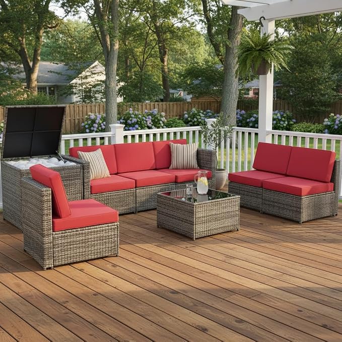 Tangkula 8 Pieces Wicker Patio Furniture Set with Storage Deck Box, PE Rattan Outdoor Sectional Sofa Conversation Set with Coffee Table & Cushions, Outside Furniture for Garden Yard Poolside (Red)