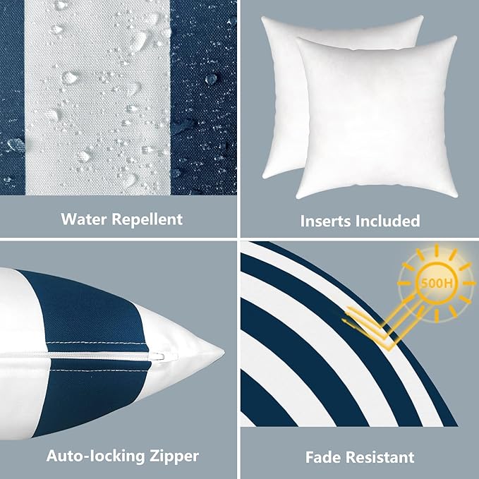 LVTXIII Outdoor/Indoor Throw Pillows, Decorative Throw Pillows with Inserts, 18”x18” Square Pillows for Bed, Couch, Sofa and Patio Furniture (Set of 2, Cabana Navy)