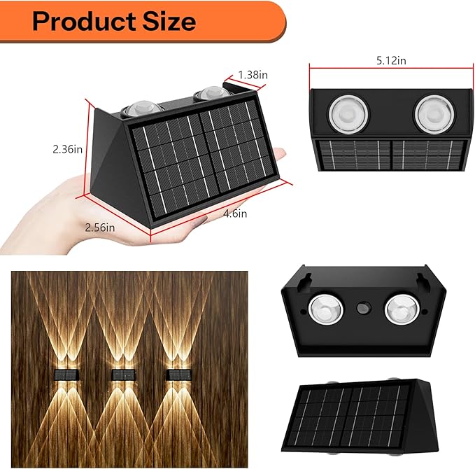 2-Pack Solar Fence Lights, Up & Down Lighting, 50LM/25LM Dual Brightness, 4 Color Modes, IP65 Waterproof, 1200mAh Battery, Screw/Adhesive Mount for Garden Wall Path Deck