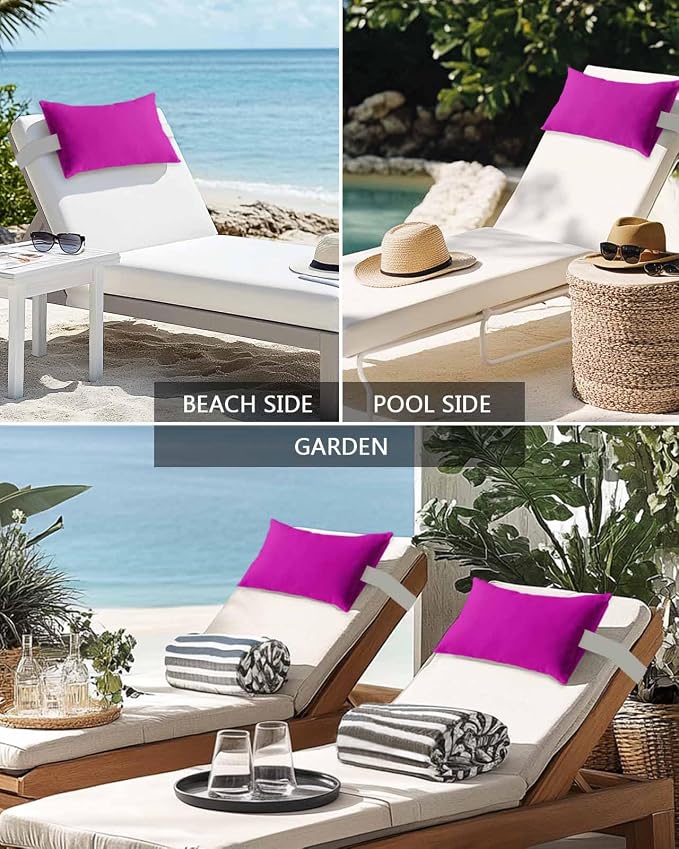 Outdoor Pillow for Lounge Chair with Strap & Insert Rosy Red Recliner Head Pillow Solid Pink Color Waterproof Headrest Patio Lumbar Pillows for Beach Pool Office Chaise Chair 11x16 Inch