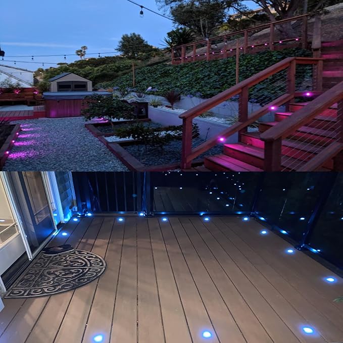 LED Outdoor Deck Lights with Photocell, Φ1.18in RGB 10 Pack Black, Low Voltage 12V IP67 Waterproof, Multi Color Changing Remote Dimmable, Electric Wired Recessed Stair Step Landscape Lighting