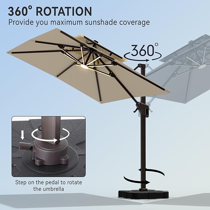 9' X 12' Cantilever Patio Umbrella with Base Included and Led Lights Double Top Rectangular Outdoor Large Offset Umbrellas with 7 Tilts Adjustable 360°Rotation for Deck Pool Garden Backyard, Beige
